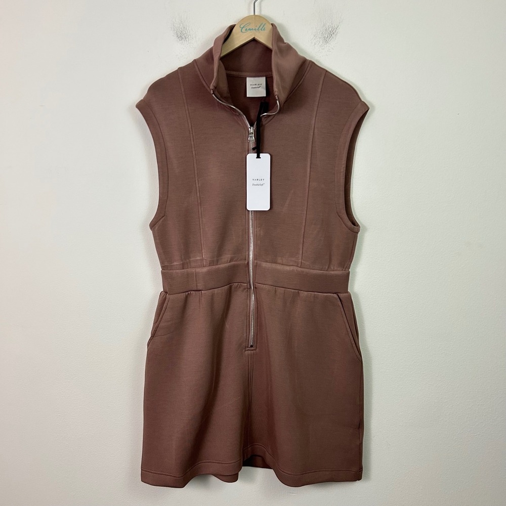 Varley Rosannah Zip Dress DoubleSoft Mauve Brown Sleeveless Full Zip Mini Large